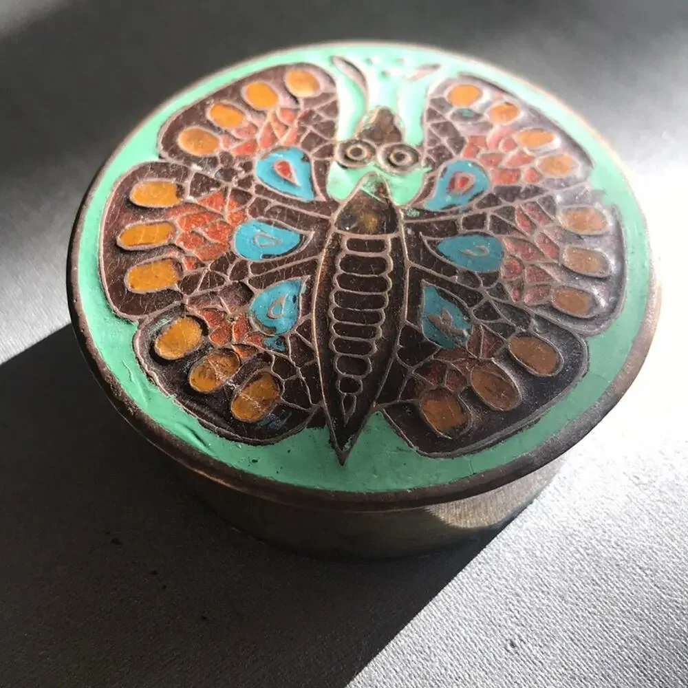 Vintage Brass Ring Box with Moth or Butterfly in Orange and Mint Green Enamel
